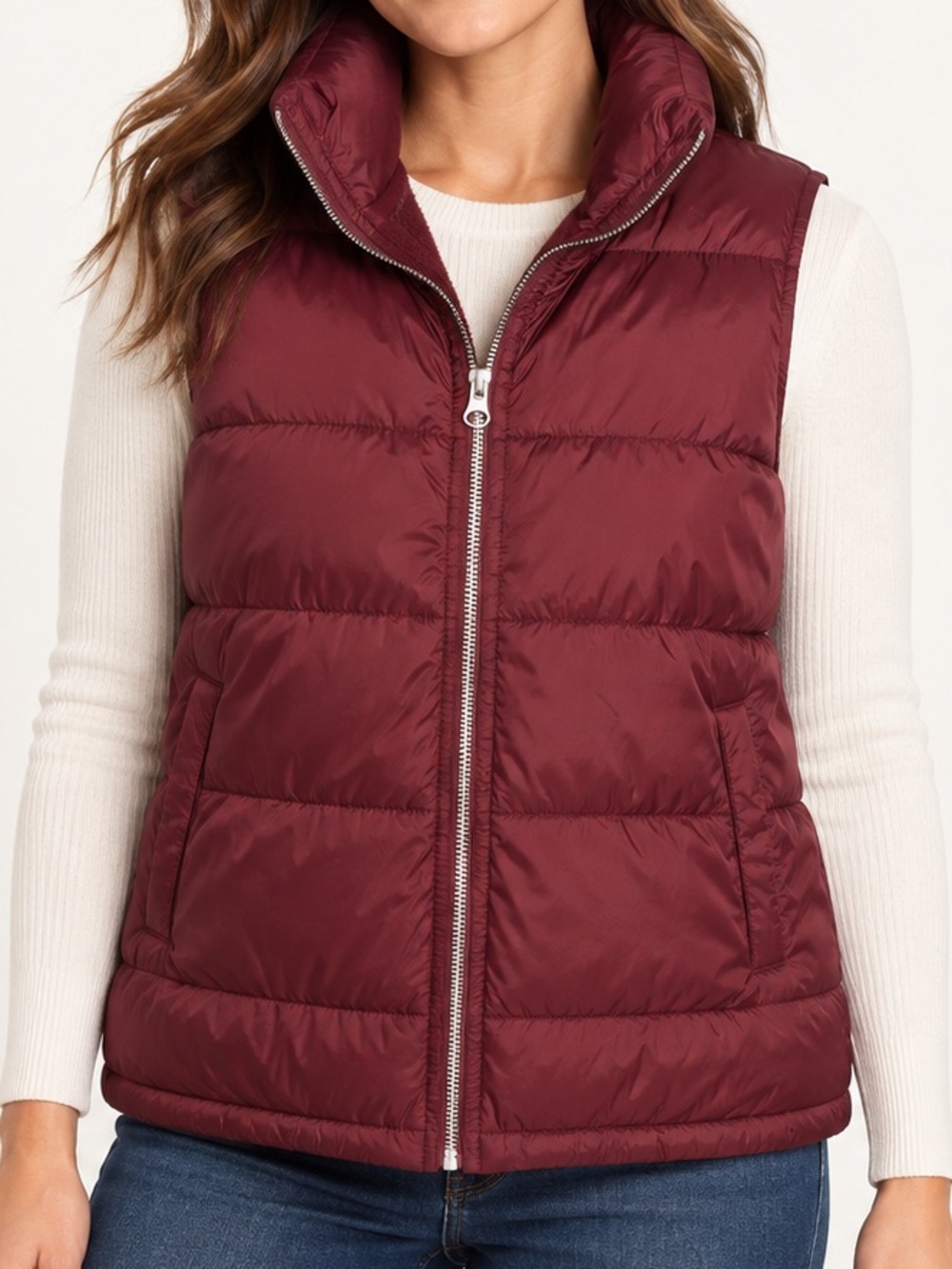 Old Navy Women’s Medium Burgundy Fleece Lined Puffer Vest Full Zip Maroon